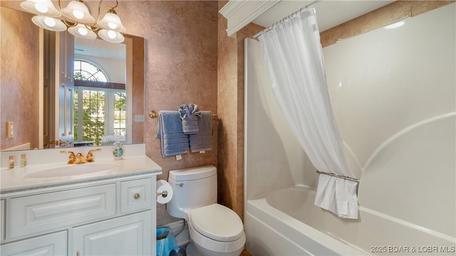 full bath with a textured wall, toilet, shower / tub combo, and vanity