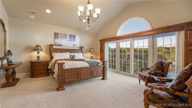 bedroom featuring access to exterior, a notable chandelier, high vaulted ceiling, light colored carpet, and visible vents