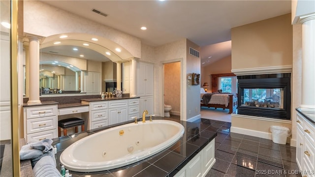 full bathroom with toilet, granite finish floor, baseboards, visible vents, and recessed lighting