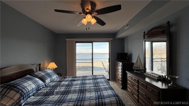 31347 Northshore Dr Unit 101A, Rocky Mount, MO 65072 - bedroom with carpet flooring, access to exterior, visible vents, and ceiling fan
