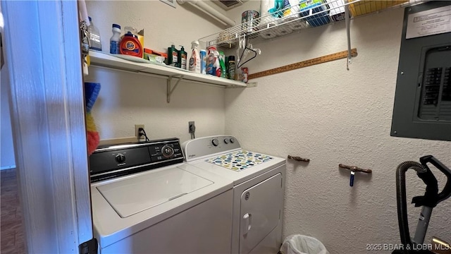 31347 Northshore Dr Unit 101A, Rocky Mount, MO 65072 - clothes washing area featuring a textured wall, washer and dryer, laundry area, and electric panel