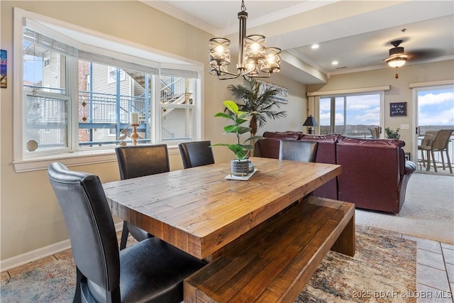 dining space with crown molding, a chandelier, baseboards, and recessed lighting