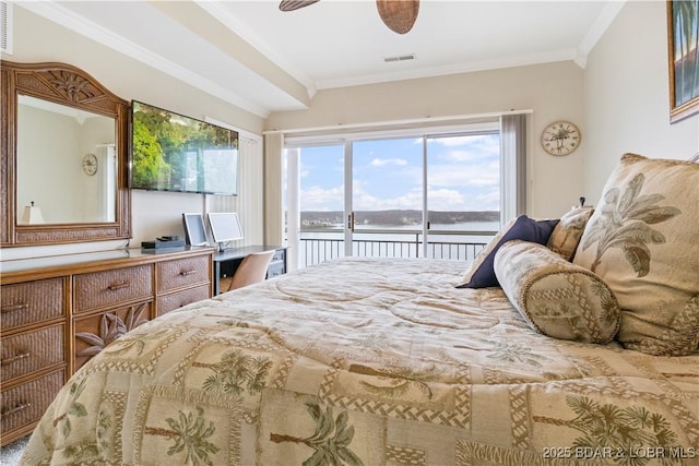 bedroom featuring access to outside, ornamental molding, and a ceiling fan