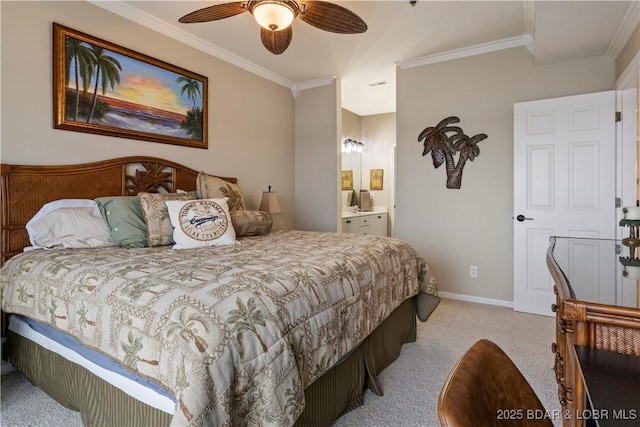 bedroom featuring crown molding, light carpet, baseboards, connected bathroom, and a ceiling fan