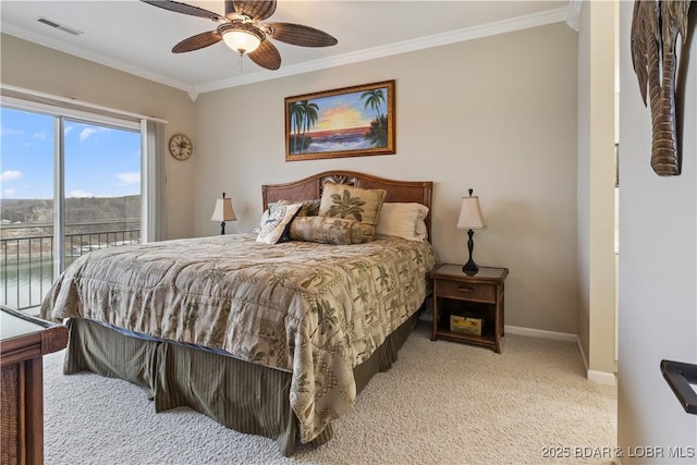 bedroom featuring access to outside, crown molding, carpet flooring, baseboards, and ceiling fan