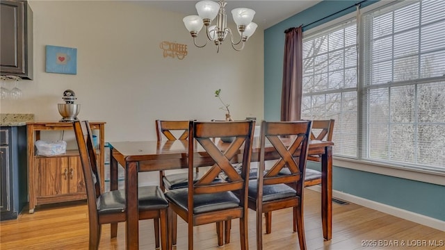 dining area with a chandelier, baseboards, a healthy amount of sunlight, and light wood finished floors