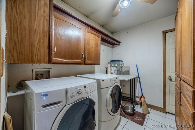27394 Cross Ln, Barnett, MO 65011 - laundry room featuring cabinet space, separate washer and dryer, light tile patterned floors, and a ceiling fan