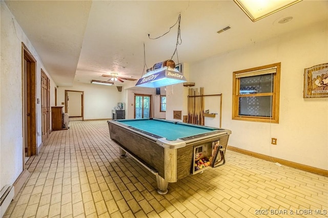 27394 Cross Ln, Barnett, MO 65011 - recreation room featuring brick patterned floors, baseboards, pool table, baseboard heating, and ceiling fan