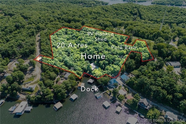 27394 Cross Ln, Barnett, MO 65011 - aerial view of property and surrounding area featuring property boundaries highlighted and a large body of water
