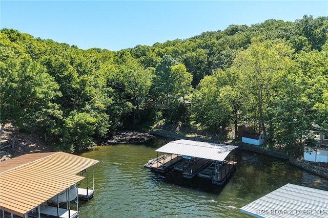27394 Cross Ln, Barnett, MO 65011 - dock featuring boat lift, a water view, and a wooded view
