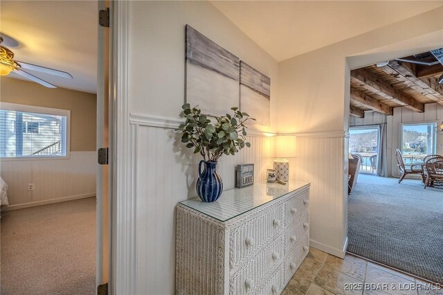 33271 Elaine Rd, Sunrise Beach, MO 65079 - hall featuring wainscoting, light carpet, and a decorative wall