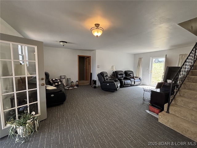 1265 Lick Creek Rd, Edwards, MO 65326 - living area featuring carpet floors and stairs