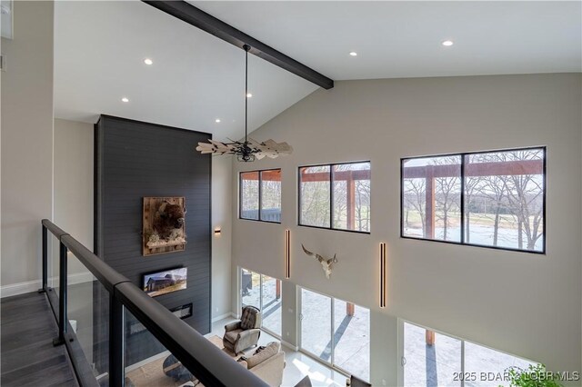 TBD Willow Rd, Eldon, MO 65026 - hallway with high vaulted ceiling, beam ceiling, a chandelier, recessed lighting, and dark wood-style floors