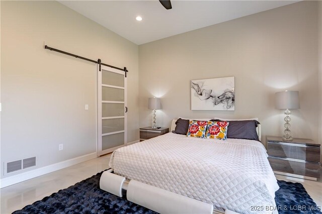 TBD Willow Rd, Eldon, MO 65026 - bedroom featuring a barn door, recessed lighting, and a ceiling fan