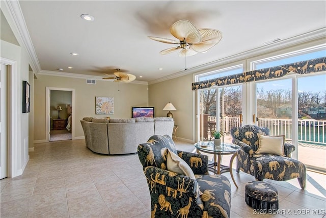1065 Imperial Point Dr, Four Seasons, MO 65049 - dining area featuring a ceiling fan, light tile patterned floors, recessed lighting, plenty of natural light, and crown molding