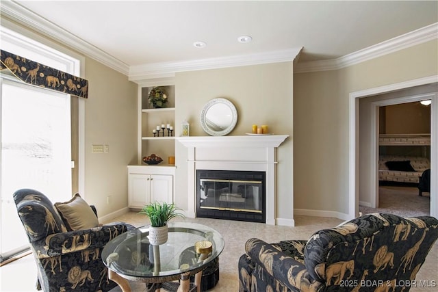 1065 Imperial Point Dr, Four Seasons, MO 65049 - carpeted living room featuring a glass covered fireplace, crown molding, built in shelves, and plenty of natural light