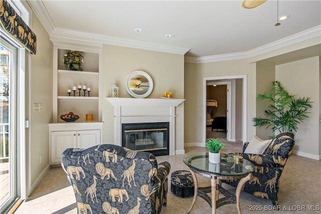 1065 Imperial Point Dr, Four Seasons, MO 65049 - living room featuring ornamental molding, a glass covered fireplace, carpet, and built in features
