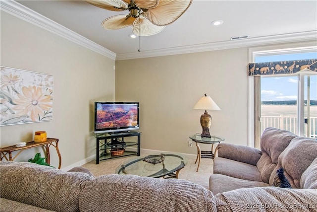 1065 Imperial Point Dr, Four Seasons, MO 65049 - living room featuring crown molding, recessed lighting, a ceiling fan, and carpet