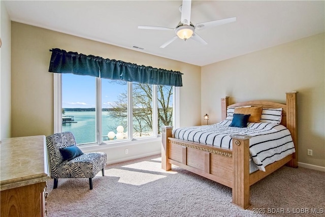 1065 Imperial Point Dr, Four Seasons, MO 65049 - bedroom featuring carpet floors, a ceiling fan, and a water view