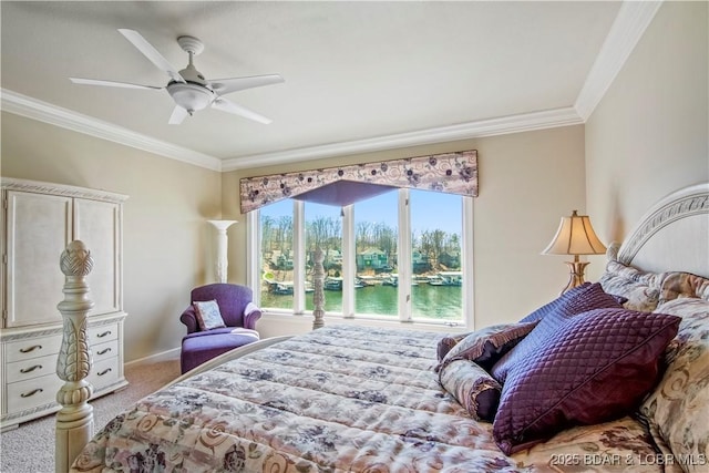1065 Imperial Point Dr, Four Seasons, MO 65049 - bedroom with carpet floors, crown molding, a water view, and a ceiling fan
