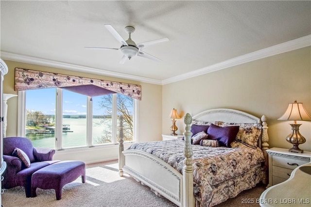 1065 Imperial Point Dr, Four Seasons, MO 65049 - carpeted bedroom with crown molding, a water view, and ceiling fan
