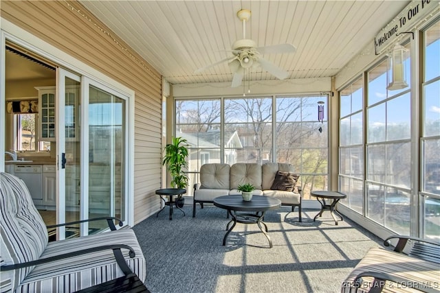 1065 Imperial Point Dr, Four Seasons, MO 65049 - sunroom featuring a ceiling fan and an outdoor hangout area