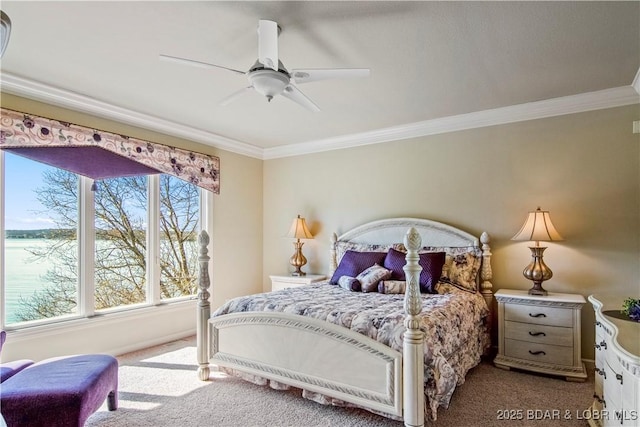 1065 Imperial Point Dr, Four Seasons, MO 65049 - bedroom featuring carpet flooring, ornamental molding, a water view, and ceiling fan