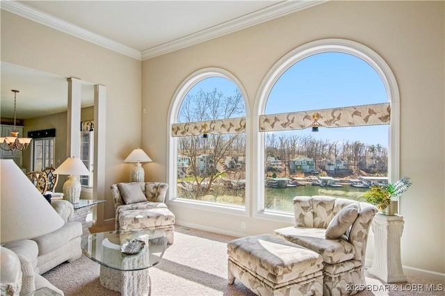 1065 Imperial Point Dr, Four Seasons, MO 65049 - sitting room featuring carpet, ornamental molding, and a chandelier