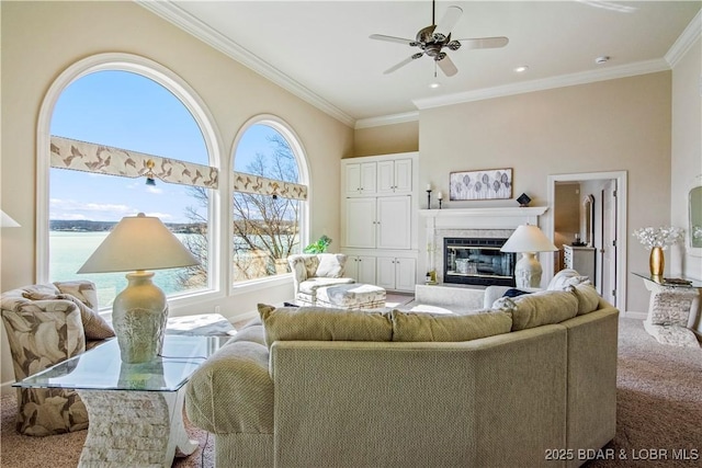 1065 Imperial Point Dr, Four Seasons, MO 65049 - carpeted living room featuring ceiling fan, ornamental molding, and a tiled fireplace