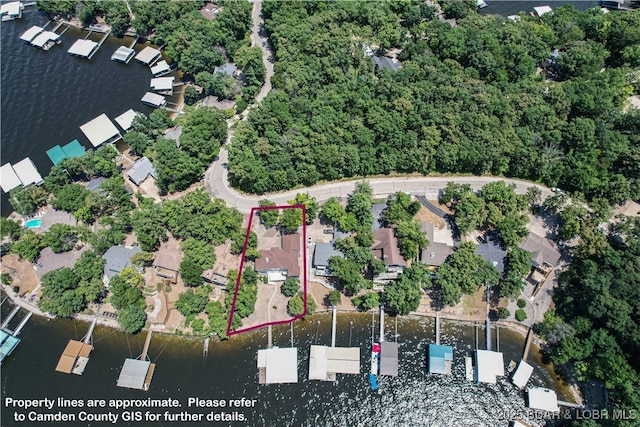 1065 Imperial Point Dr, Four Seasons, MO 65049 - view of property location with property parcel outlined, a nearby body of water, and nearby suburban area