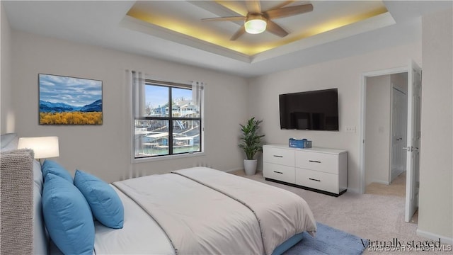 1293 Ginger Rd, Lake Ozark, MO 65049 - bedroom with a tray ceiling, light carpet, and a ceiling fan