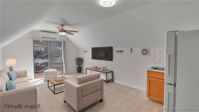 1293 Ginger Rd, Lake Ozark, MO 65049 - living room with lofted ceiling, an AC wall unit, visible vents, ceiling fan, and light carpet