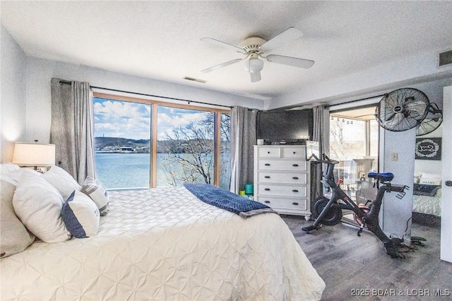 2500 Bay Point Ln Unit 135, Osage Beach, MO 65065 - bedroom with a ceiling fan, visible vents, multiple windows, and dark wood finished floors