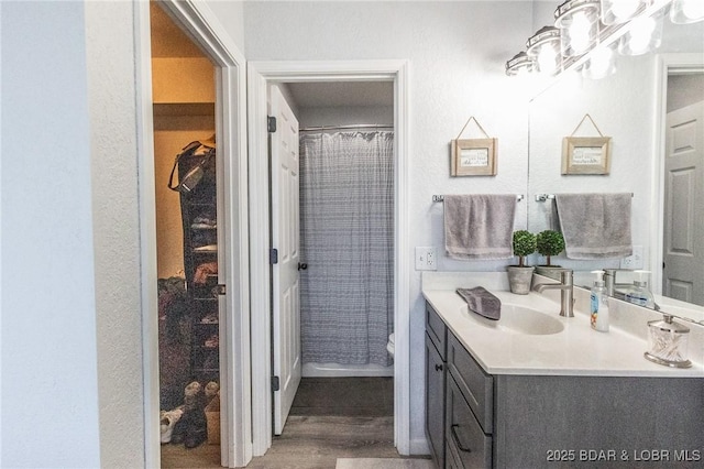 2500 Bay Point Ln Unit 135, Osage Beach, MO 65065 - bathroom with a shower with shower curtain, vanity, toilet, and wood finished floors