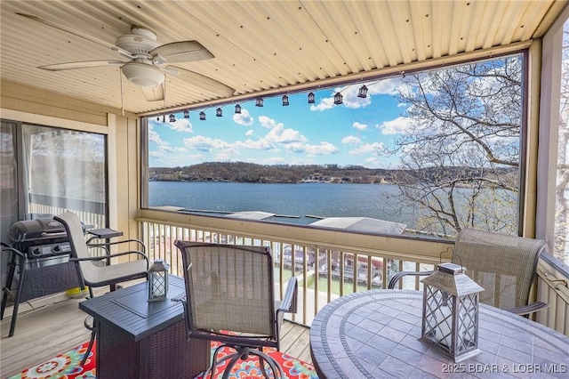 2500 Bay Point Ln Unit 135, Osage Beach, MO 65065 - wooden deck with a water view and a ceiling fan