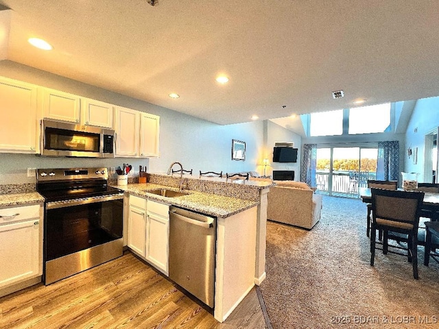 1481 Ledges Dr Unit 1046, Osage Beach, MO 65065 - kitchen featuring a sink, open floor plan, a textured ceiling, appliances with stainless steel finishes, and recessed lighting