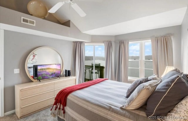 1481 Ledges Dr Unit 1046, Osage Beach, MO 65065 - carpeted bedroom featuring vaulted ceiling, ceiling fan, and baseboards