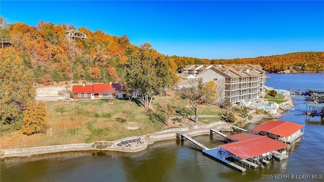 bird's eye view featuring a water view and a forest view