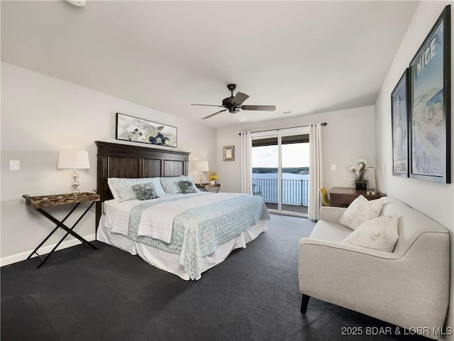 16 Hawk Hill Ct, Lake Ozark, MO 65049 - bedroom featuring access to exterior, carpet flooring, and a ceiling fan