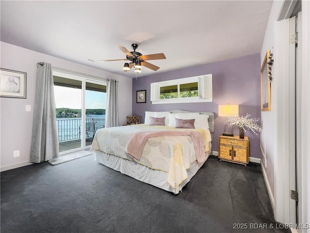 16 Hawk Hill Ct, Lake Ozark, MO 65049 - bedroom with access to exterior, baseboards, dark colored carpet, and a ceiling fan