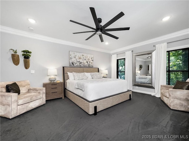 16 Hawk Hill Ct, Lake Ozark, MO 65049 - bedroom featuring dark carpet, crown molding, multiple windows, access to exterior, and recessed lighting