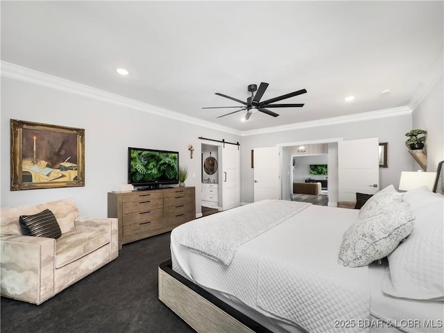 16 Hawk Hill Ct, Lake Ozark, MO 65049 - bedroom featuring a barn door, ornamental molding, dark carpet, recessed lighting, and ceiling fan