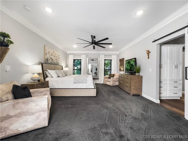 16 Hawk Hill Ct, Lake Ozark, MO 65049 - bedroom featuring ornamental molding, recessed lighting, dark carpet, baseboards, and a ceiling fan