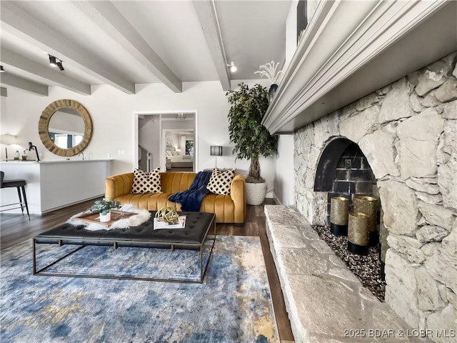16 Hawk Hill Ct, Lake Ozark, MO 65049 - living area featuring wood finished floors and beamed ceiling