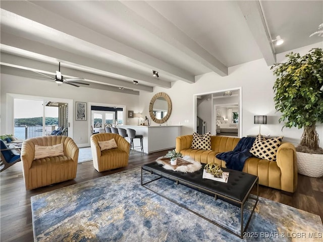 16 Hawk Hill Ct, Lake Ozark, MO 65049 - living room featuring beam ceiling, wood finished floors, and ceiling fan