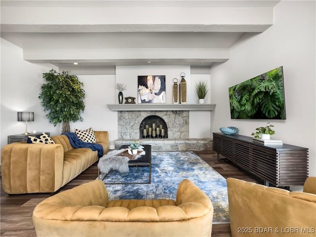 16 Hawk Hill Ct, Lake Ozark, MO 65049 - living room with beam ceiling, wood finished floors, and a fireplace