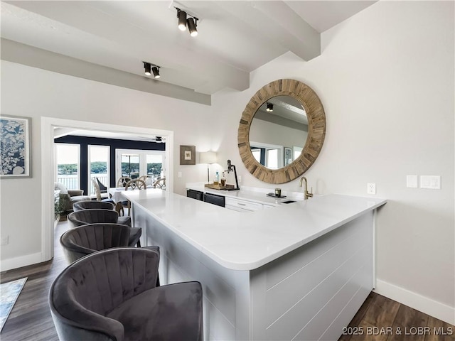 16 Hawk Hill Ct, Lake Ozark, MO 65049 - kitchen with baseboards, beamed ceiling, a breakfast bar area, dark wood-style flooring, and light countertops