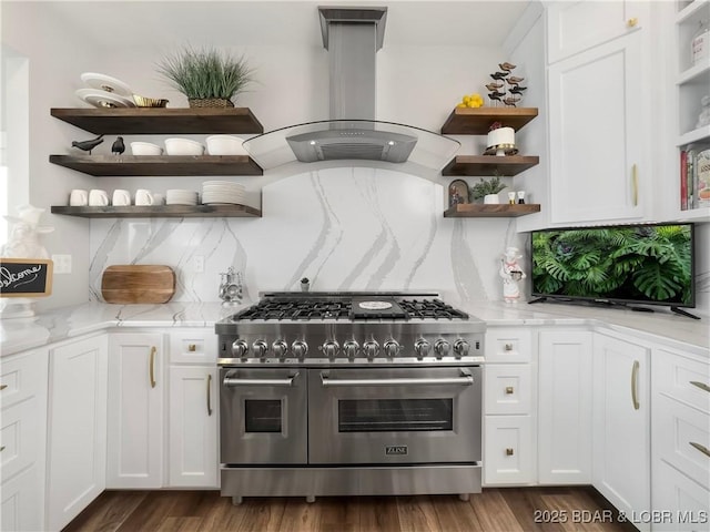 16 Hawk Hill Ct, Lake Ozark, MO 65049 - kitchen with open shelves, double oven range, island exhaust hood, and white cabinets