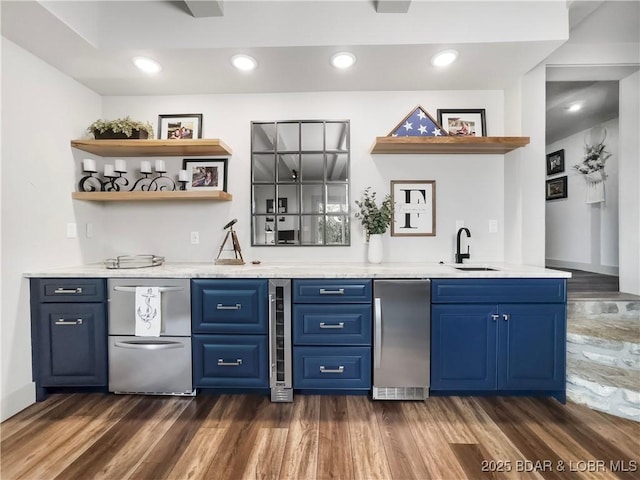 16 Hawk Hill Ct, Lake Ozark, MO 65049 - bar area featuring refrigerator, a sink, dark wood-style flooring, wine cooler, and recessed lighting