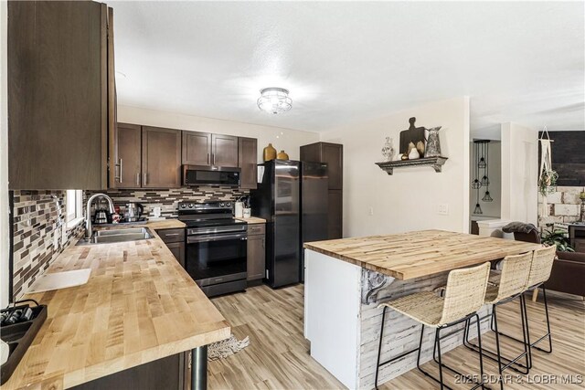 83 Archer Dr, Camdenton, MO 65020 - kitchen featuring dark brown cabinets, a sink, stainless steel appliances, wood counters, and decorative backsplash